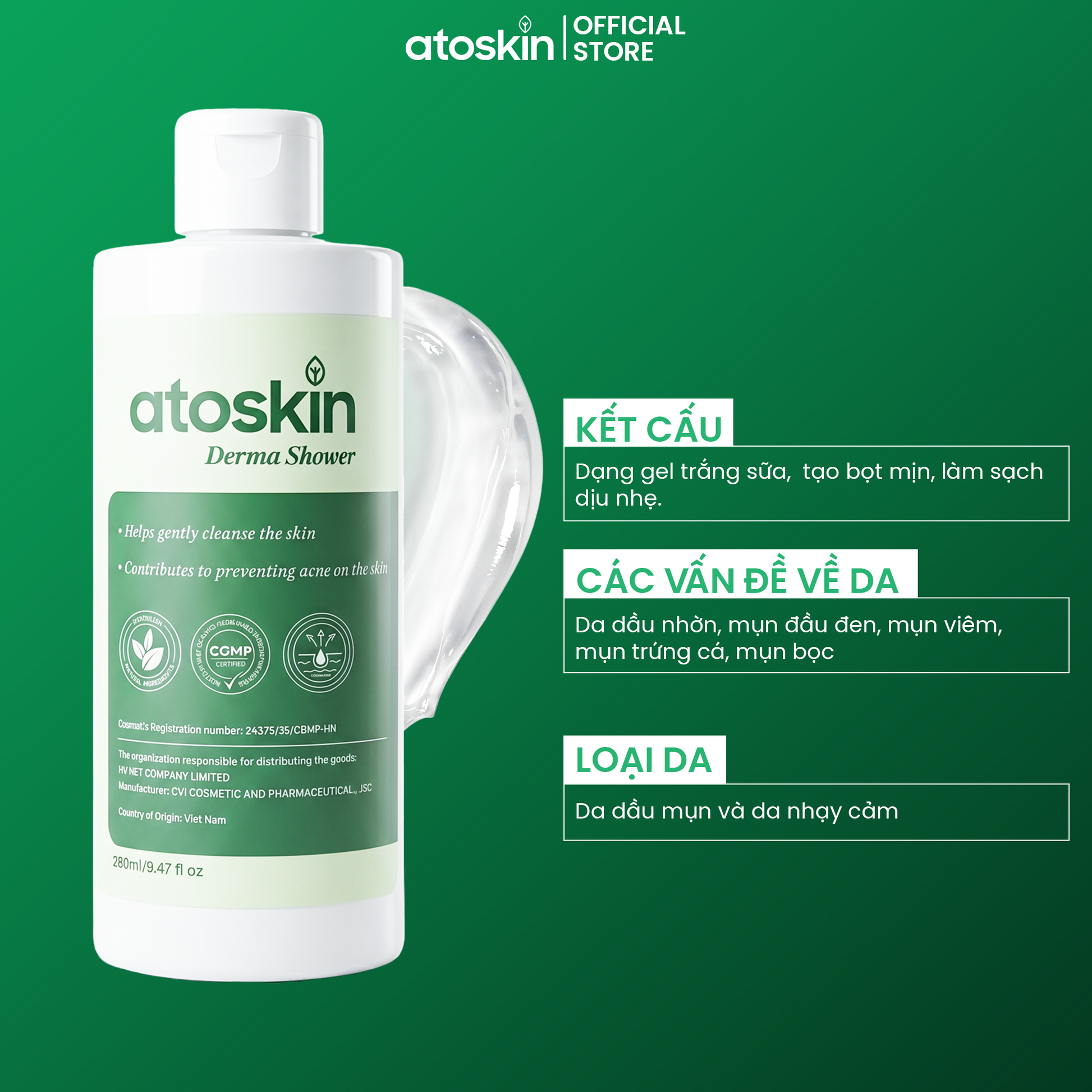 Sữa Tắm Mụn Cơ Thể ATOSKIN Derma Shower 280ml